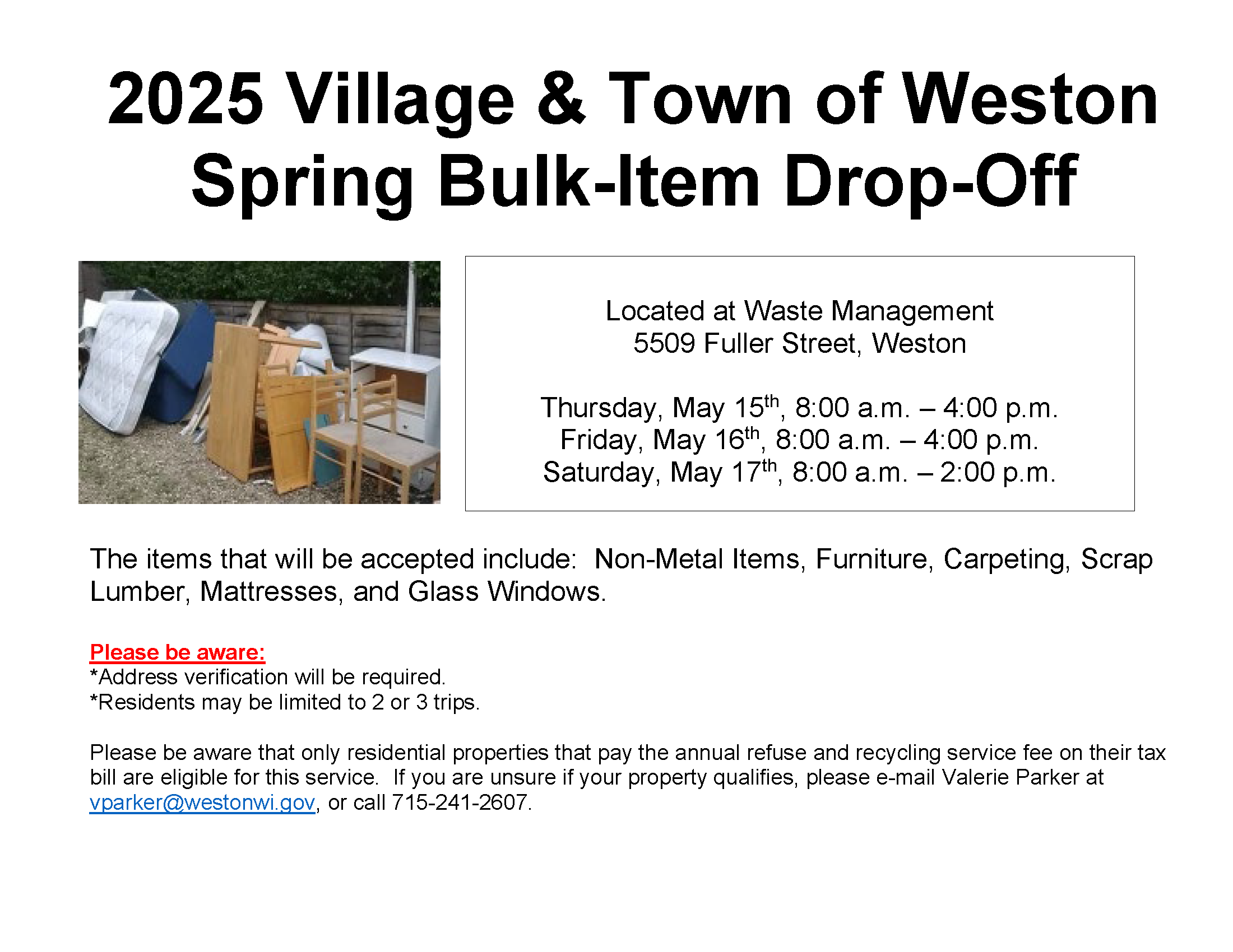 May 15-17, 2025 Spring Bulk-Item Drop-Off Flyer