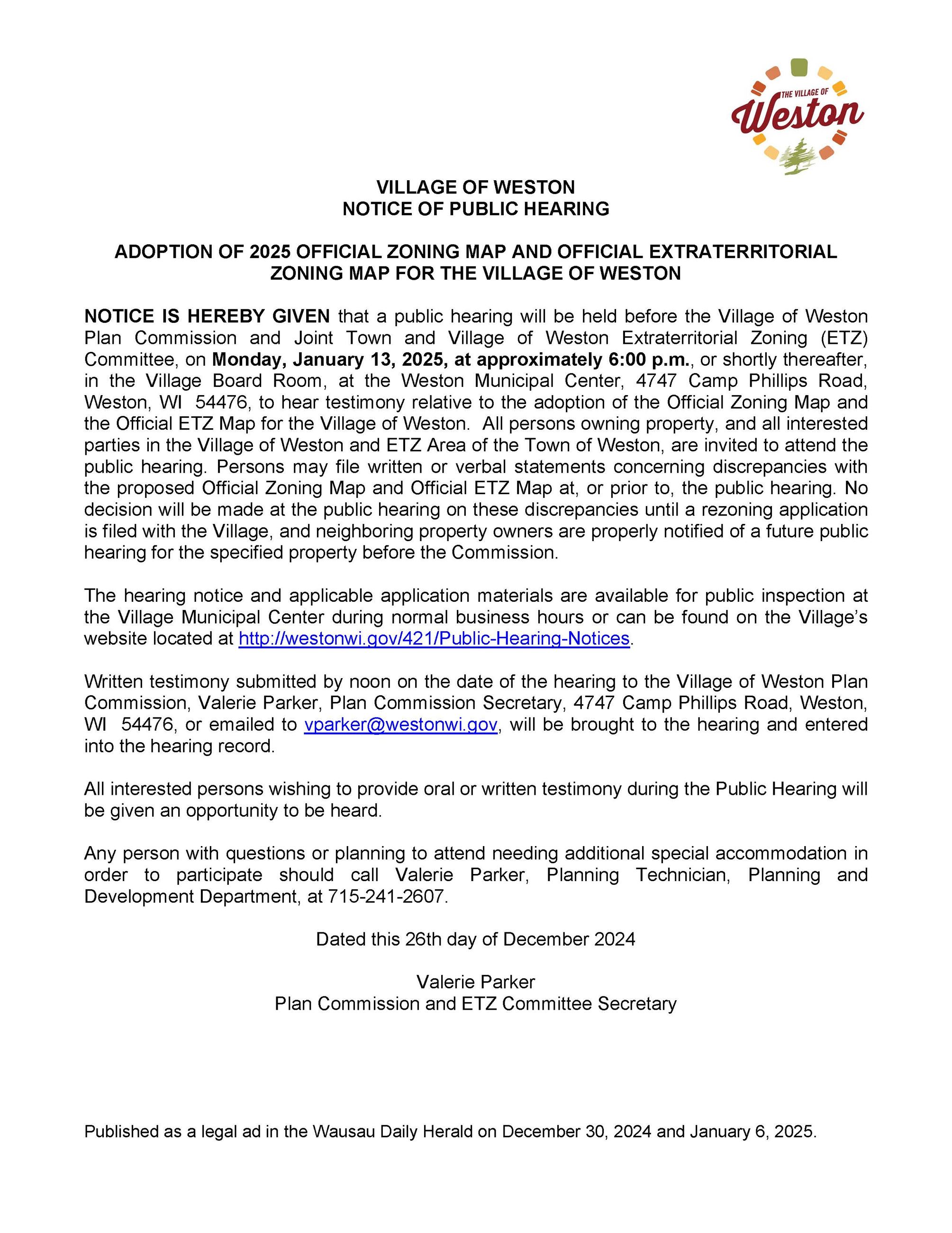 250113 Village Official Zoning Map Hearing Notice