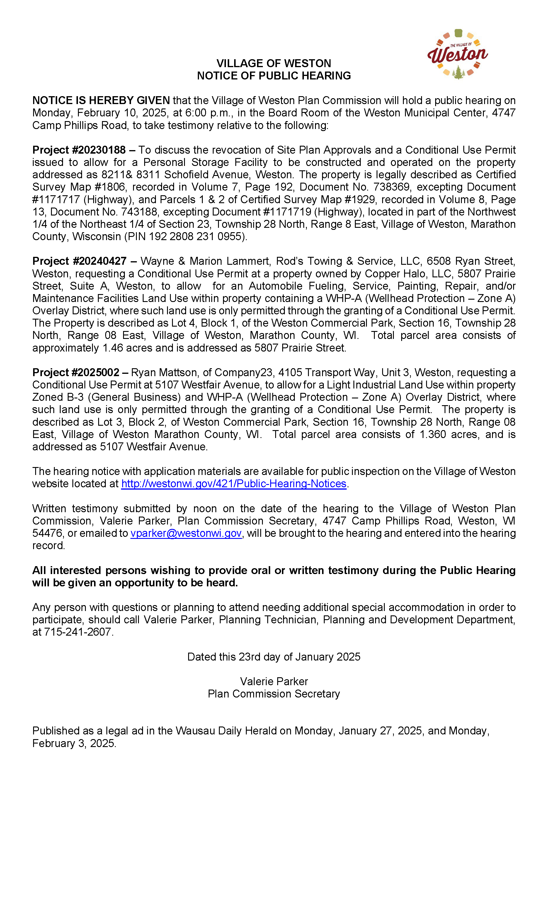 250210 Hearing Notice Village - Conditional Use_Mailing